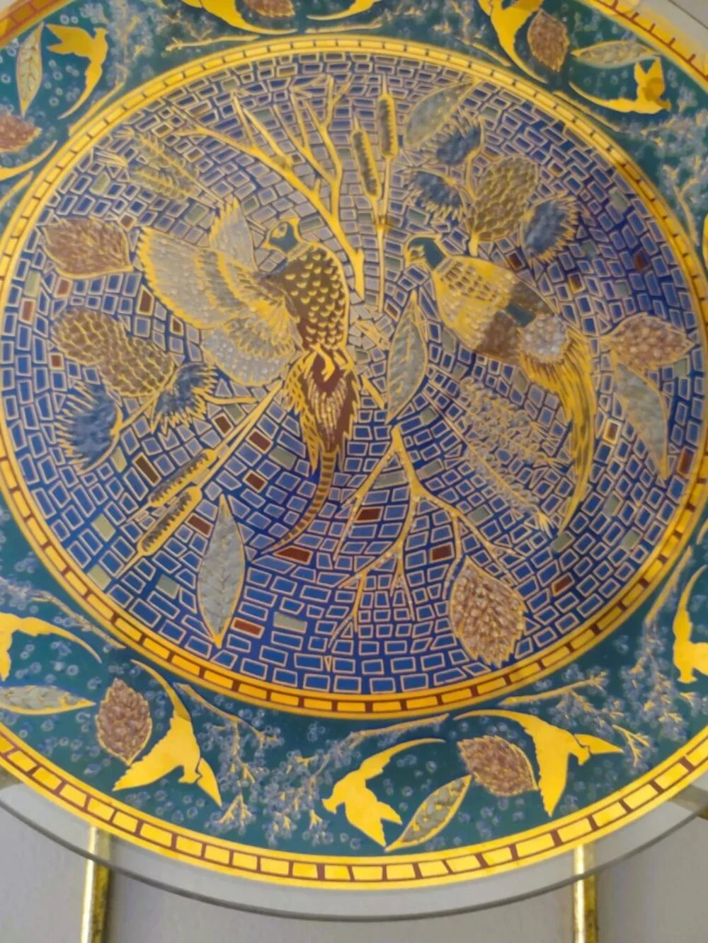 Mosaic Art Glass Plate Pheasants Catails- Blue Gold & Brown colors- Vintage